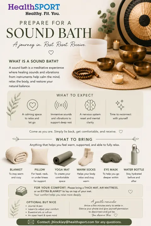 What to bring to a HealthSPORT Sound Bath: blanket, pillow, yoga mat, warm socks, eye mask and water bottle