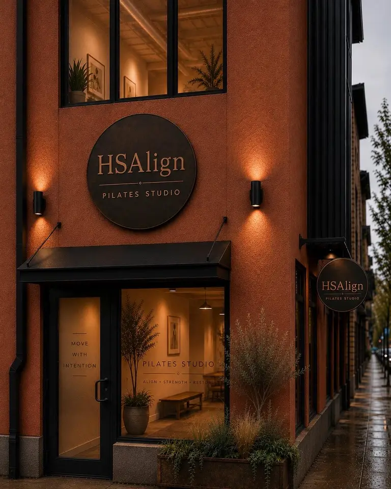 The HS Align Pilates Studio entrance on 8th Street in Arcata, lit at dusk
