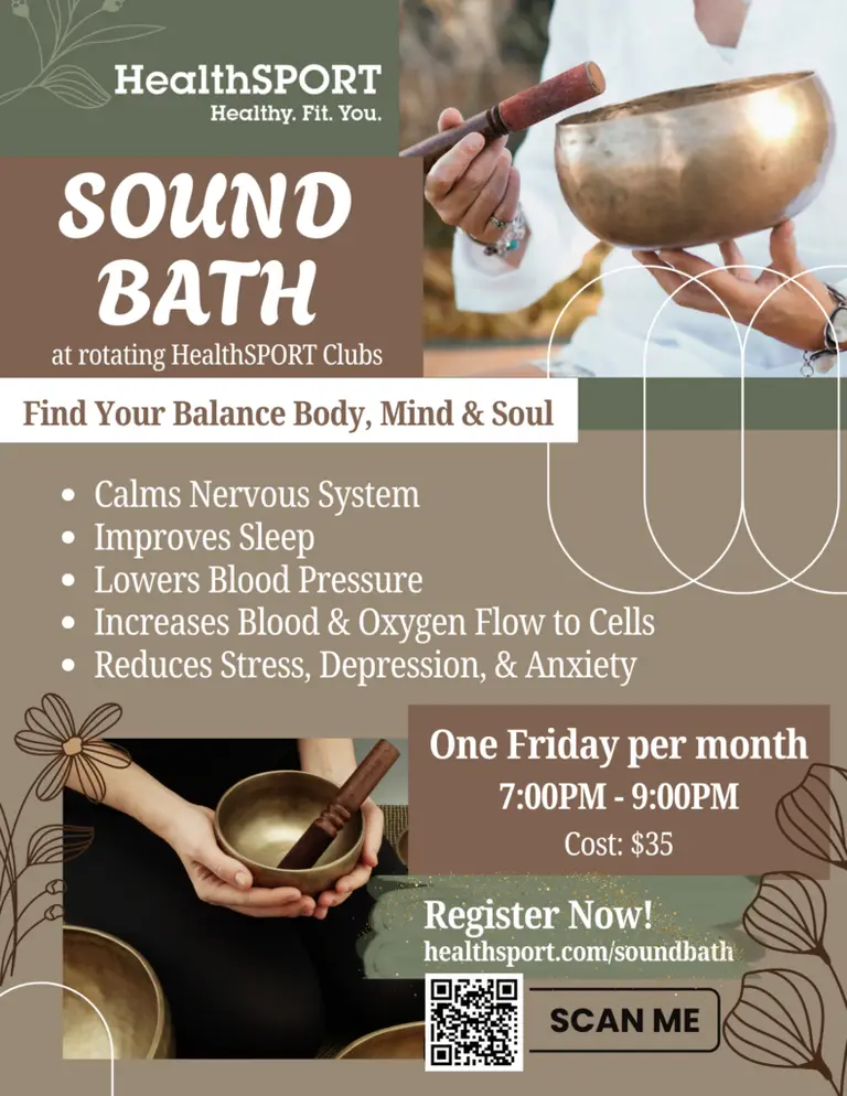 HealthSPORT Sound Bath flyer — monthly Friday evening events with Jen Madrone