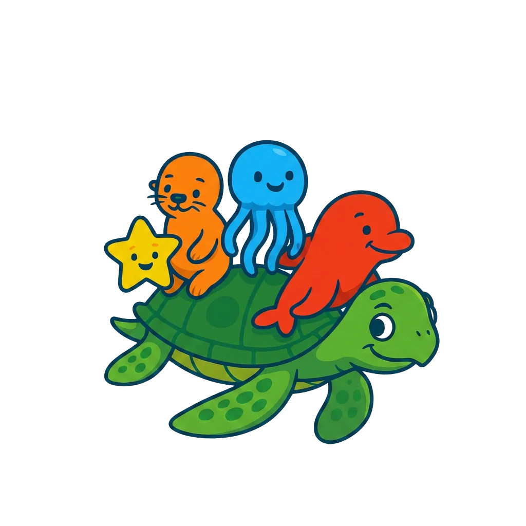 HealthSPORT Swim School mascots — a sea turtle carrying a yellow sea star, orange otter, blue jellyfish, and red dolphin on its back